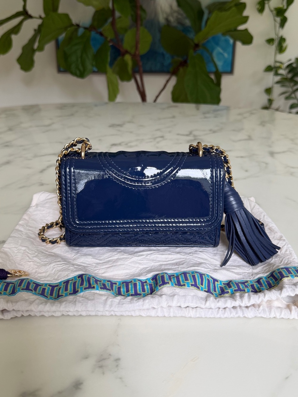 Tory Burch Fleming Micro Quilted Patent Leather Crossbody Bag Navy Blue
